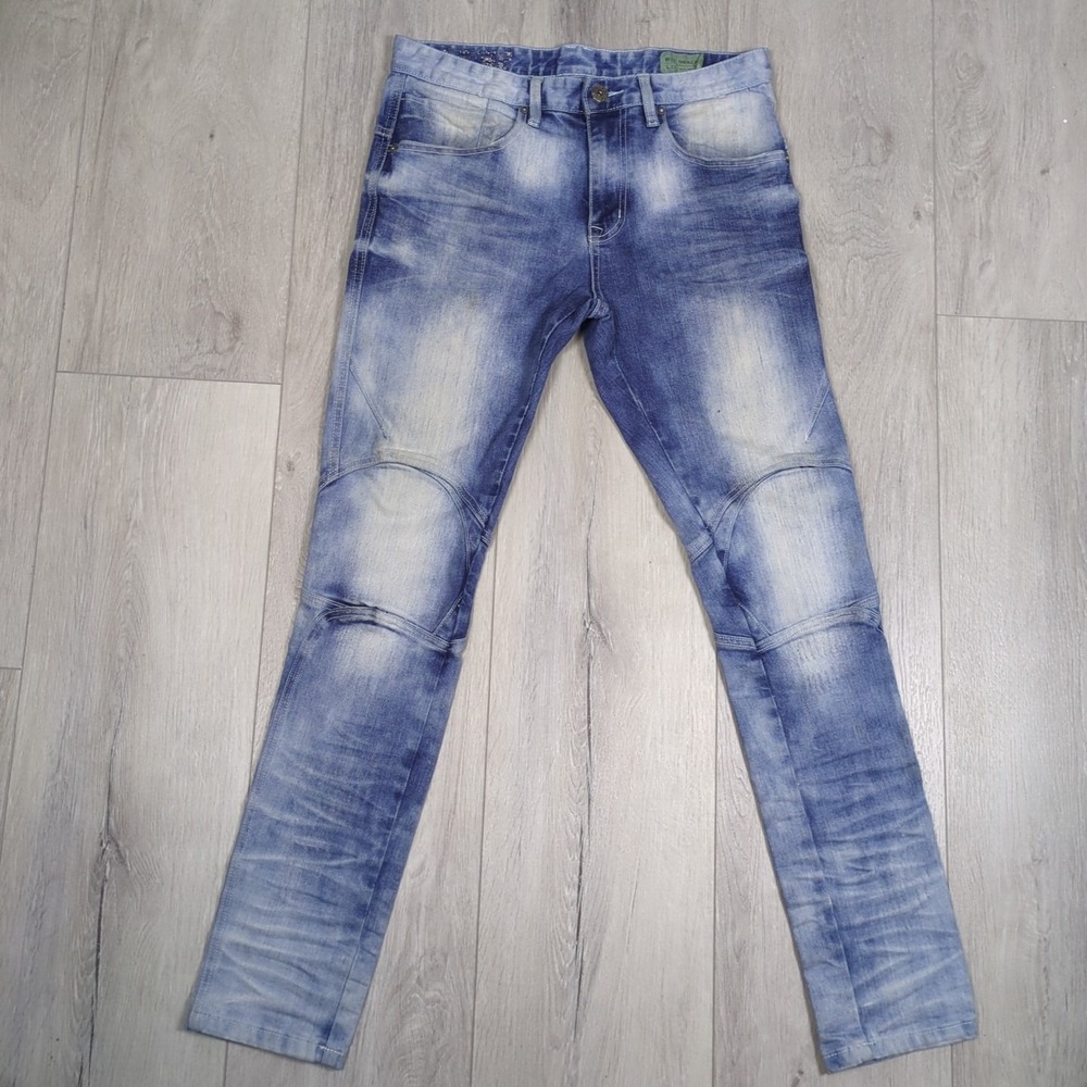 Smoke Rise Jeans Mens 32x32 Blue Acid Wash Denim Slim Tapered Moto Biker Edgy